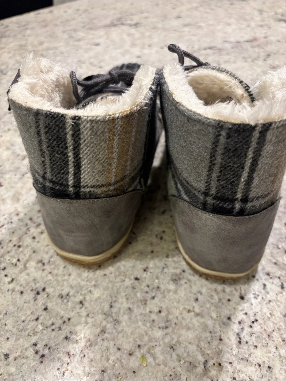 Minnetonka Plaid Faux-Fur Lined Ankle Moccasins in Gray and Tan
